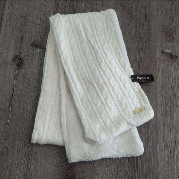 BEBE Creamy White Cozy EcoSoft Cable Knit/ Faux Fur Scarf - Picture 1 of 5